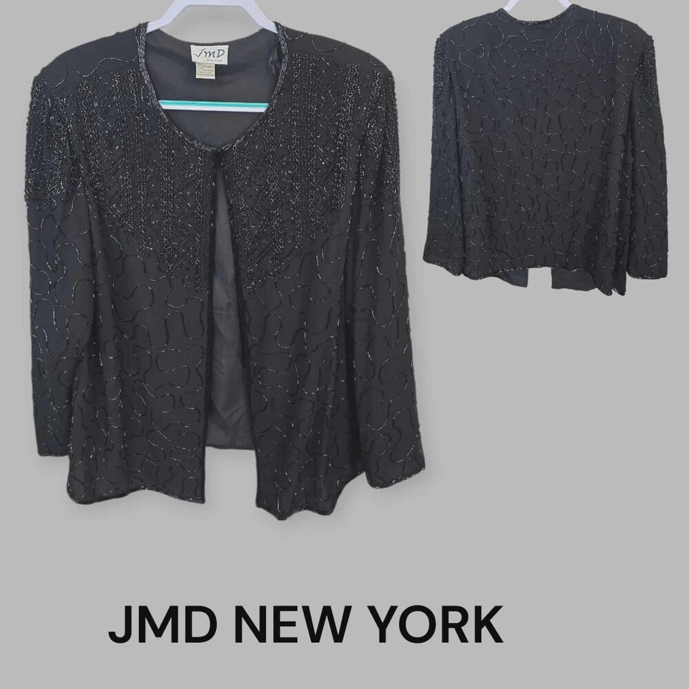 JMD New York Vintage Black Silk Sequin Beaded Longsleeve Blazer Jacket Womens XL